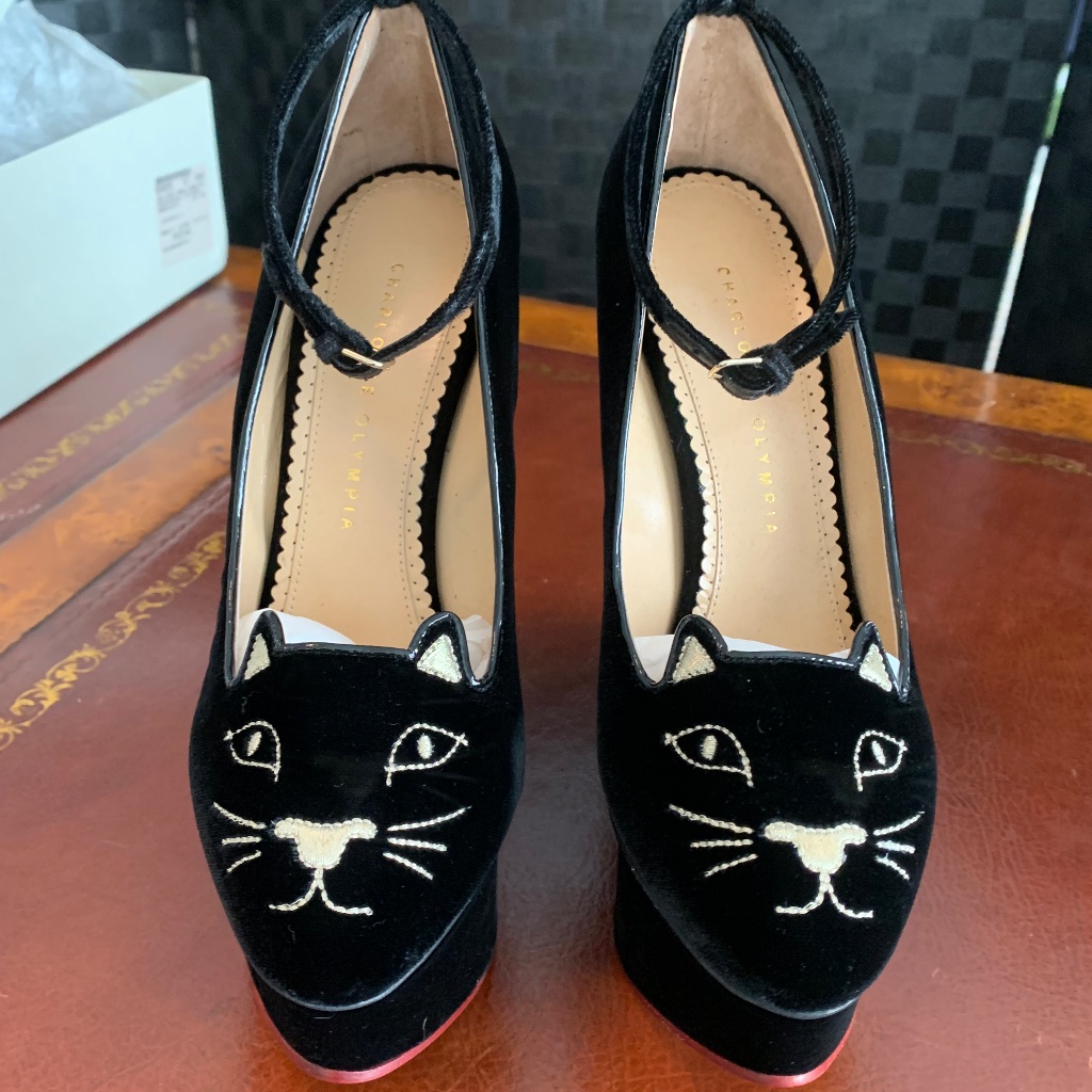 Charlotte Olympia Tessa Black Velvet Kitty Platform Shoes, Size 39 1/2